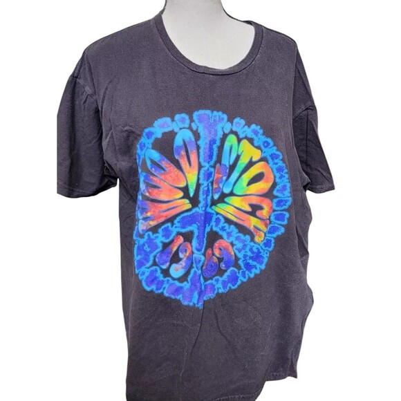 Woodstock Peace Sign Tie-Dye Black T-Shirt Size Large 2 Sides - Picture 1 of 7